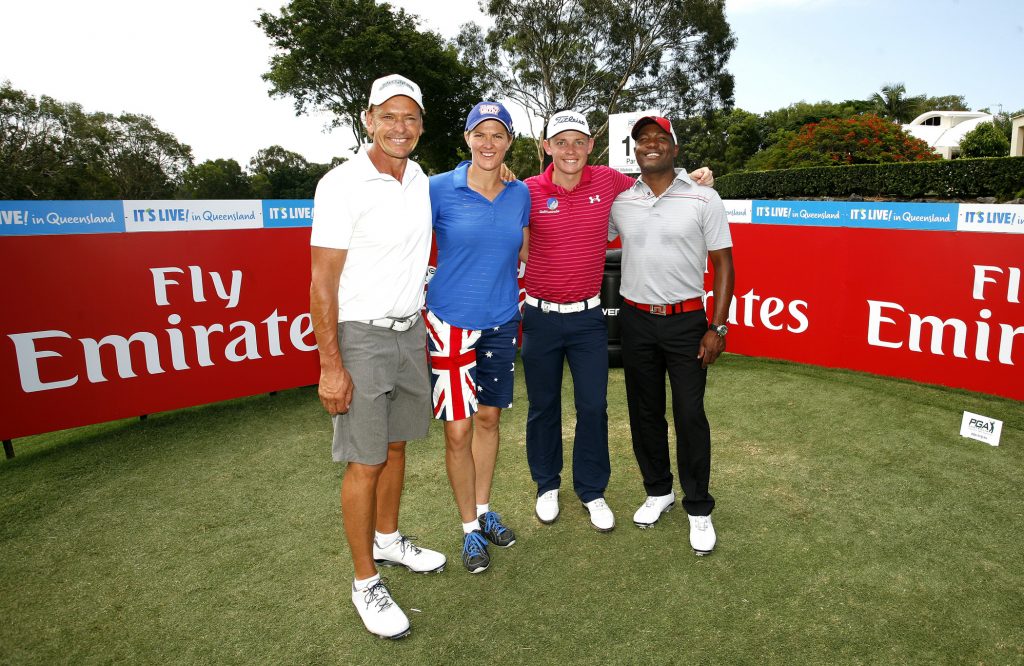 Former Australian Ironman Guy Leech, Olympic beach volleyball gold medallist Natalie Cook and former West Indies cricketer Brian Lara joined Cameron Smith (second from right) on the tee at the Australian PGA Championship pro-am. 