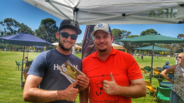 Gawler Golf Club public officer Matthew Moate (right) congratulates hole-in-one winner Kurt Sewell. 