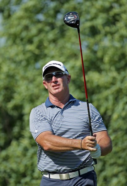 Peter Lonard watches his tee shot on the third hole during the second round of the Web.com Tour Rust-Oleum Championship at the Ivanhoe Club on June 10, 2016 in Ivanhoe, Illinois. (Photo by Hunter Martin/Getty Images)