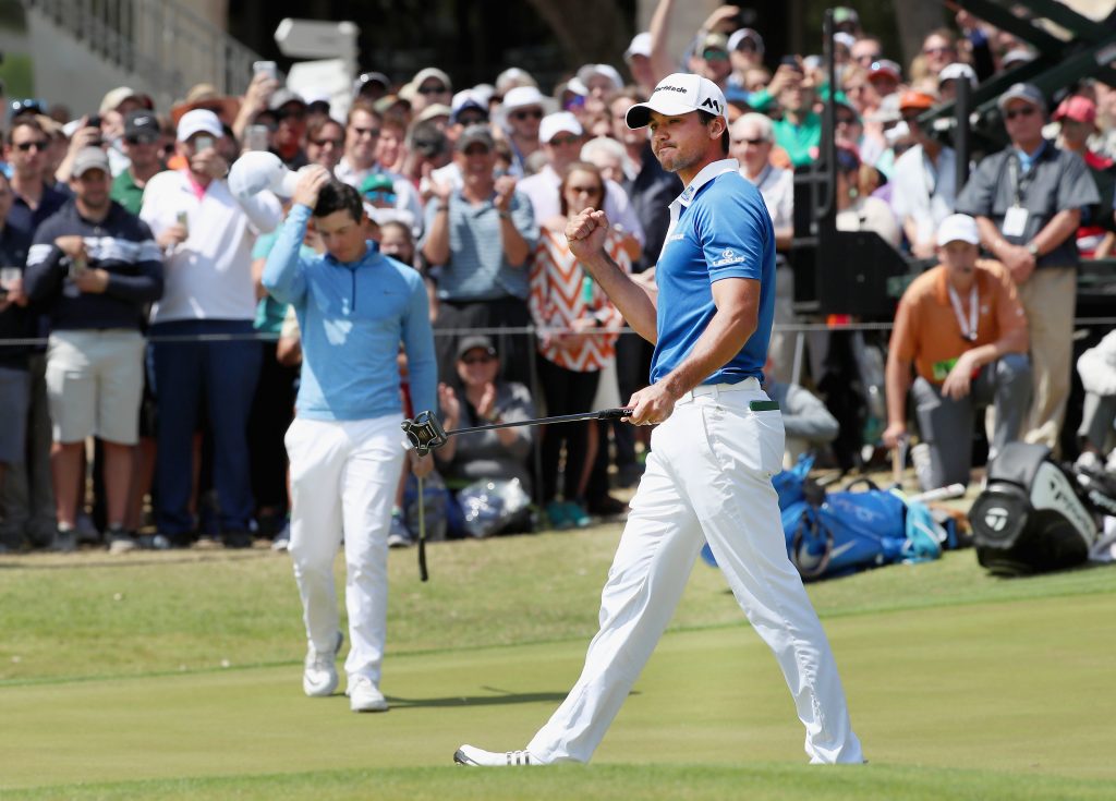 AUSTIN, TX - MARCH 27: Jason Day of Australia celebrates his par-saving putt on the 18th green to defeat Rory McIlroy 1up during their semifinal match at the World Golf Championships-Dell Match Play at the Austin Country Club on March 27, 2016 in Austin, Texas. (Photo by Tom Pennington/Getty Images)