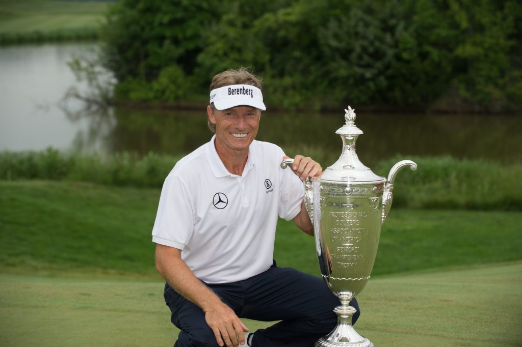 POTOMAC FALLS, VA - MAY 28: Champion, Bernhard Langer of Germany, poses for a photo with the Alfred S. Bourne Trophy during the 78th KitchenAid Senior PGA Championship at Trump National Golf Club Washington, D.C. on May 28, 2017 in Potomac Falls, Virginia. (Photo by Montana Pritchard/PGA of America)