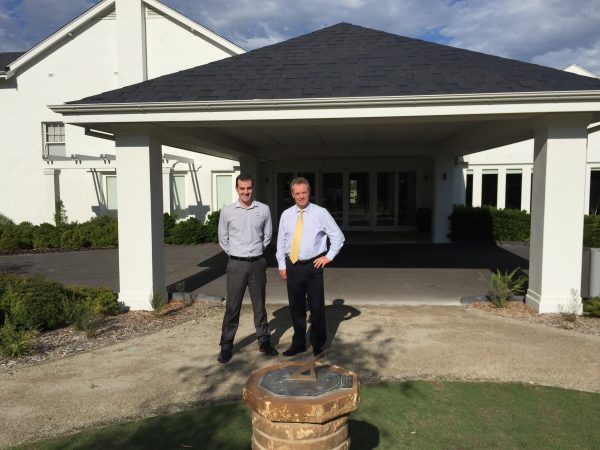 Headland Golf Club general manager Ben Dobson and Kingston Heath general manager Gregg Chapple share ideas