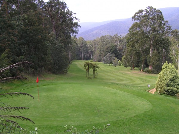 Looking back on the 12th hole from the elevated 13th tee at Marysville