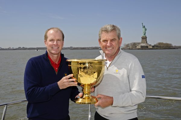 JERSEY CITY, NJ - APRIL 12: Tournament officials at Liberty National Golf Club, host course of the 2017 Presidents Cup, announce Nick Price and Steve Stricker as captains of the International and U.S. Teams, respectively, for the 2017 event in Jersey City, New Jersey at Liberty National Golf Course on April 12, 2016 in Jersey City, New Jersey. (Photo by Chris Condon/PGA TOUR)