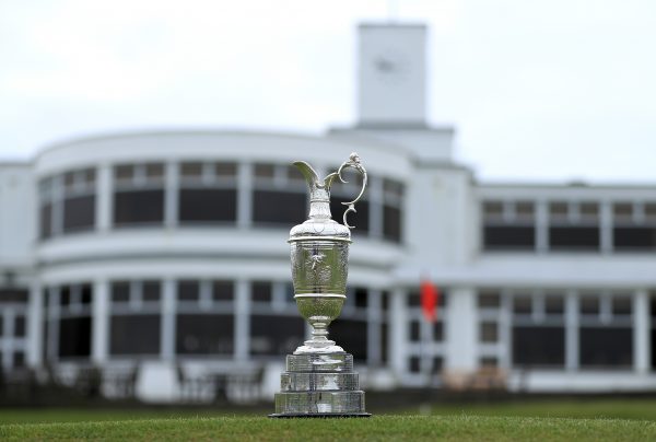 SOUTHPORT, ENGLAND - APRIL 24: The Claret Jug, the Open Championship trophy, in front of the clubhouse at Royal Birkdale Golf Club, the host course for the 2017 Open Championship during a Media day for the 146th Open Championship on April 24, 2017 in Southport, England. (Photo by Richard Heathcote/Getty Images)