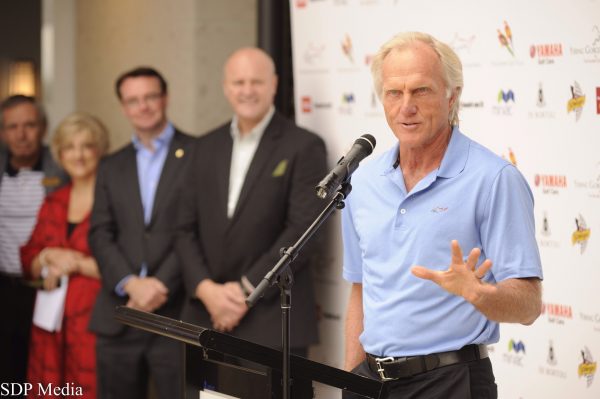 Greg Norman addresses members at the opening of the $70 million Eastern Golf Club