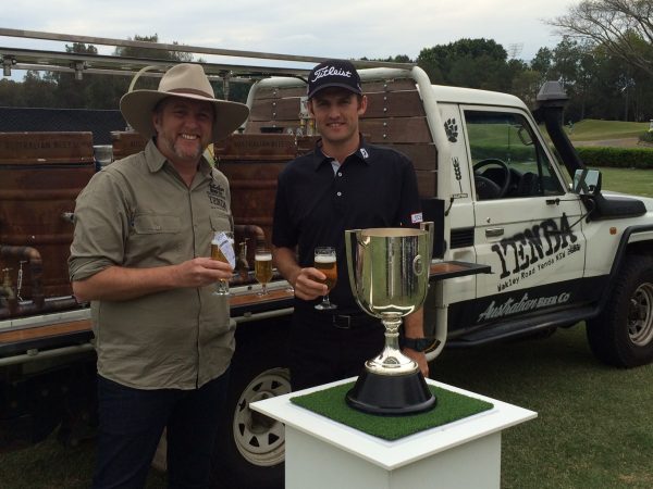 Sam Johnston from Australian Beer Company with Tour Pro Michael Sim and 'Andy the Landie' Yenda's mobile bar.