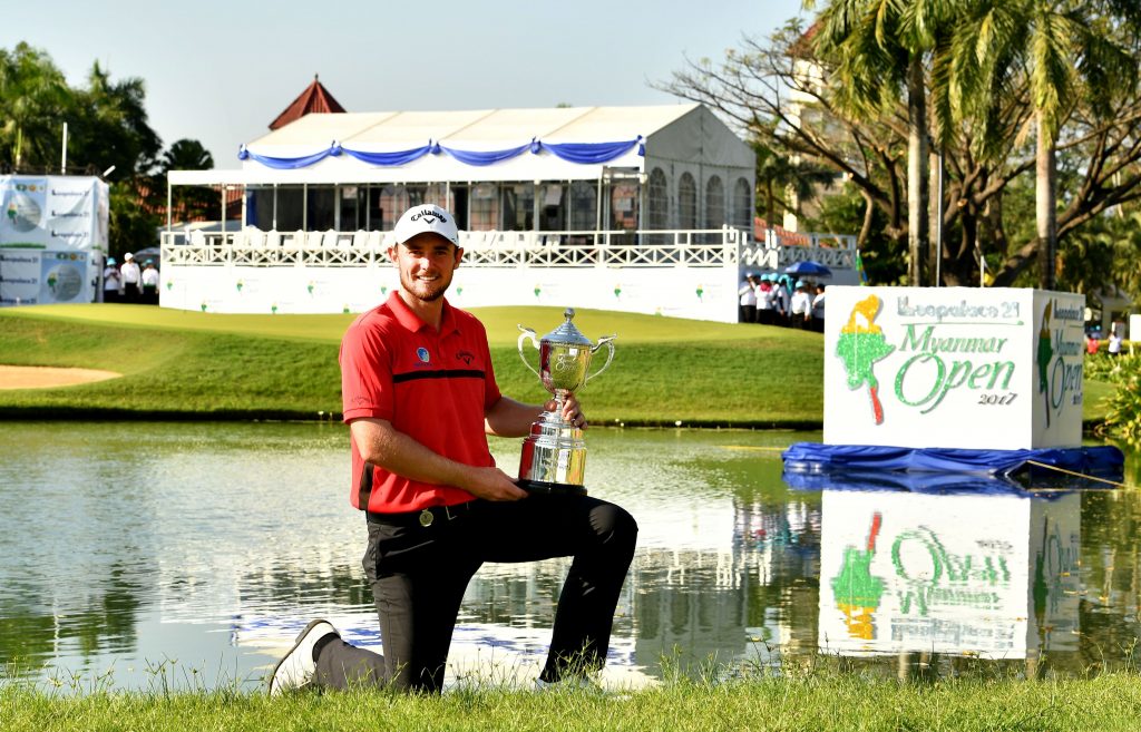 YANGON-MYANMAR – Todd Sinnott of Australia pictured with the winner’s trophy during the final round of the Leopalace21 Myanmar Open on Sunday January 29, 2017, at the Pun Hlaing Golf Club, Yangon, Myanmar. The USD$ 750.000 Asian Tour event is co-sanctioned with the Japan Golf Tour, January 26 – 29, 2017. Picture by Paul Lakatos/Asian Tour.