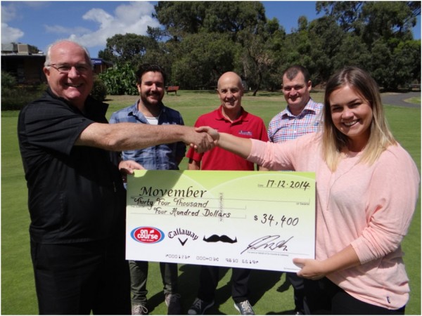 On Course Golf CEO Geoff Zarth (left) hands over a cheque to Movember’s Julia Worrall as Andy Dennis (Movember), Steve Montgomery (Centenary Park Public Golf, On Course Golf pro) and Matt Sullivan (Callaway) look on